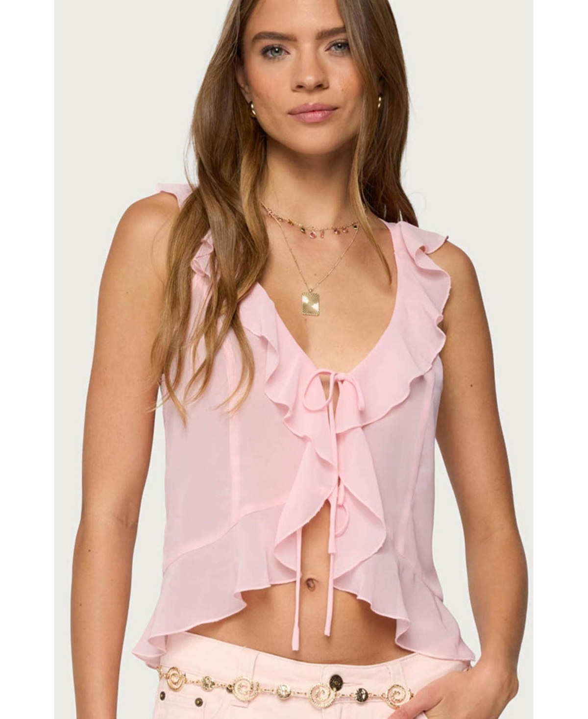 Womens Roxan Ruffle Chiffon Tie Front Top - Light-pink