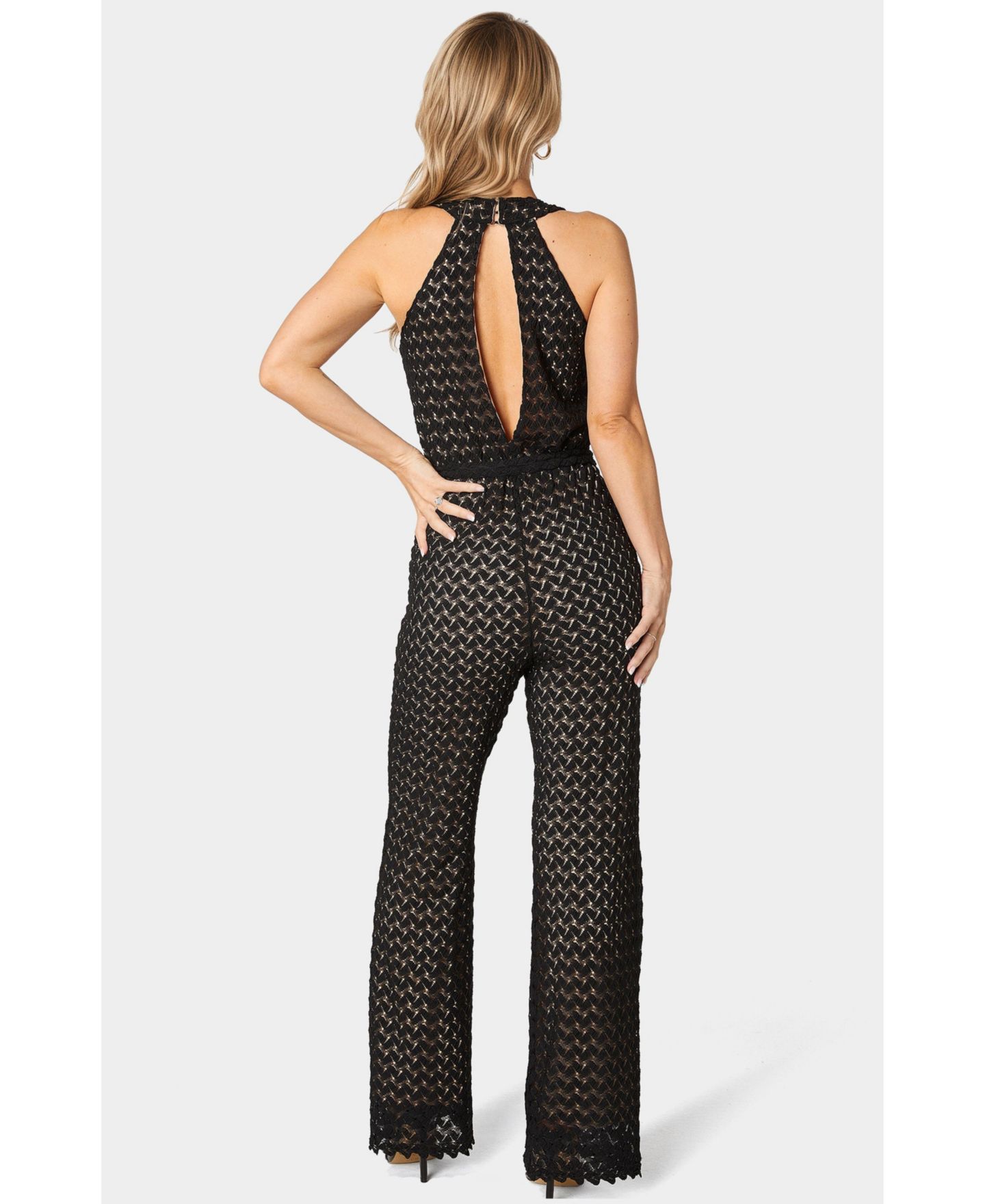 Женский комбинезон Bebe Lace V-Neck Jumpsuit, цвет: Чёрный телесный — фото 3