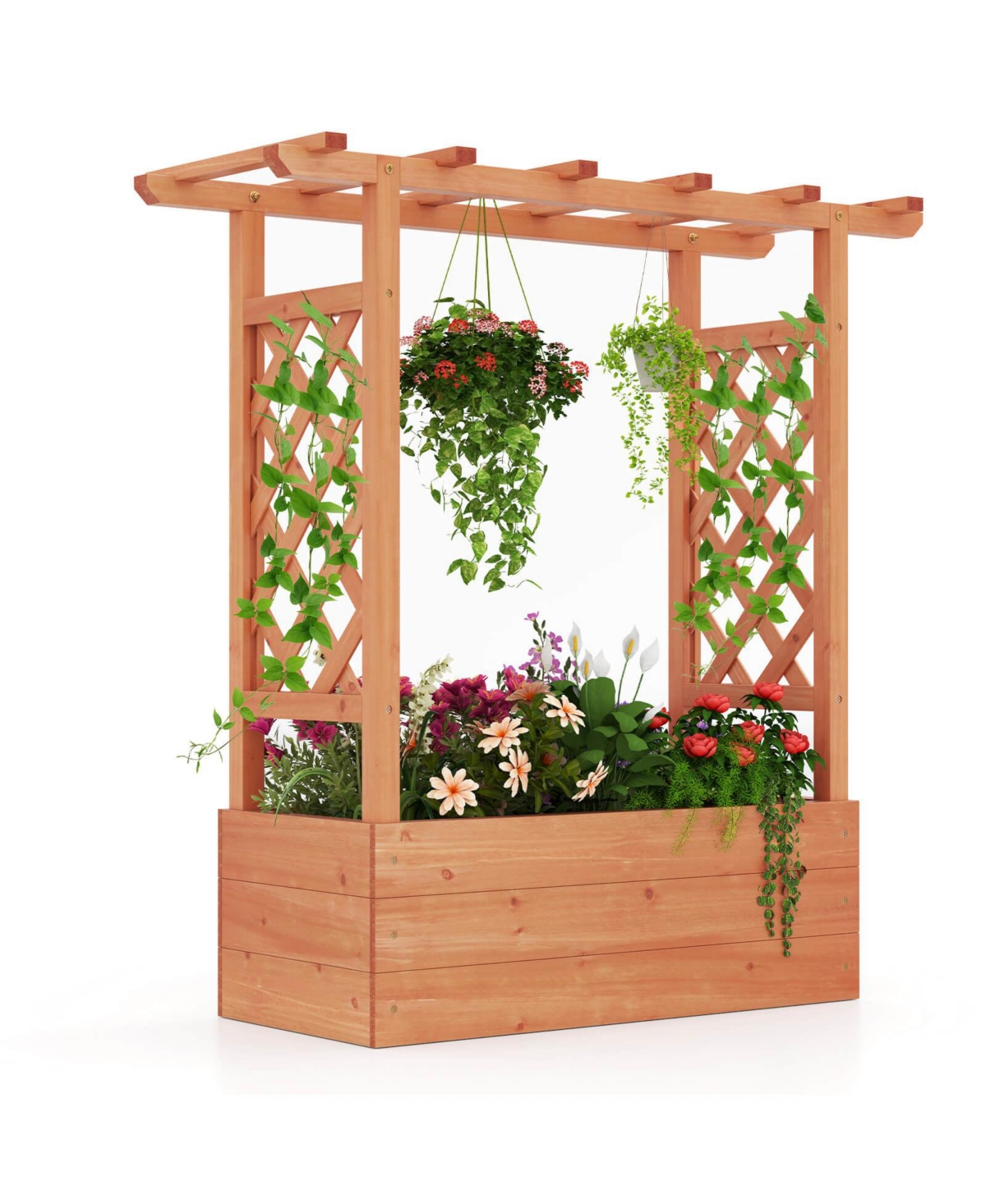 1 Pcs Wooden Raised Garden Bed with Trellis & Hanging Roof Drainage Elevated Planter Box - Orange