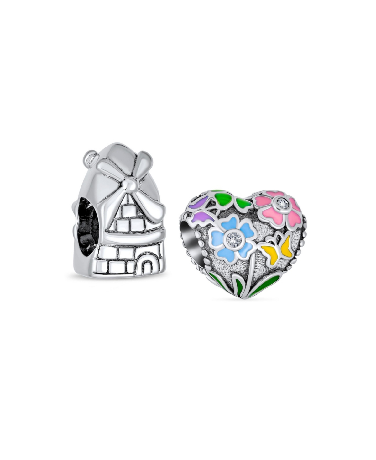 Set of 2 Holland Windmill & Love Grows Floral Heart Cz Accent Charm Bead in Oxidized Sterling Silver - Multicolor set