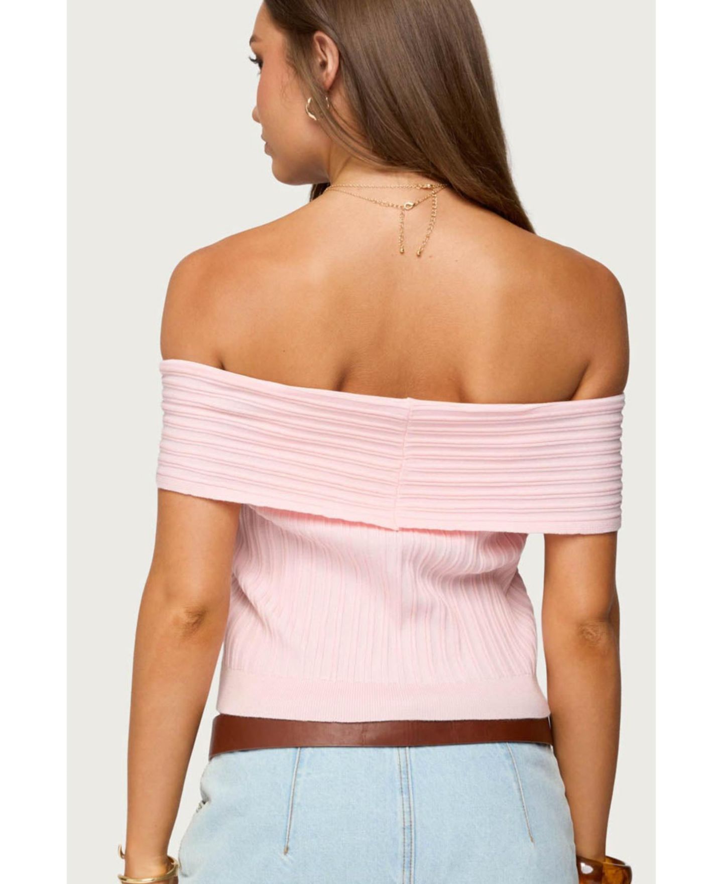 Женский топ Edikted Blythe Ribbed Knit Fold Over, цвет: Светлый розовый — фото 2