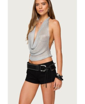 Women's Shiny Knit Cowl Neck Backless Top