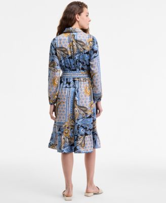 Women's Collared Paisley Tie-Waist Shirtdress