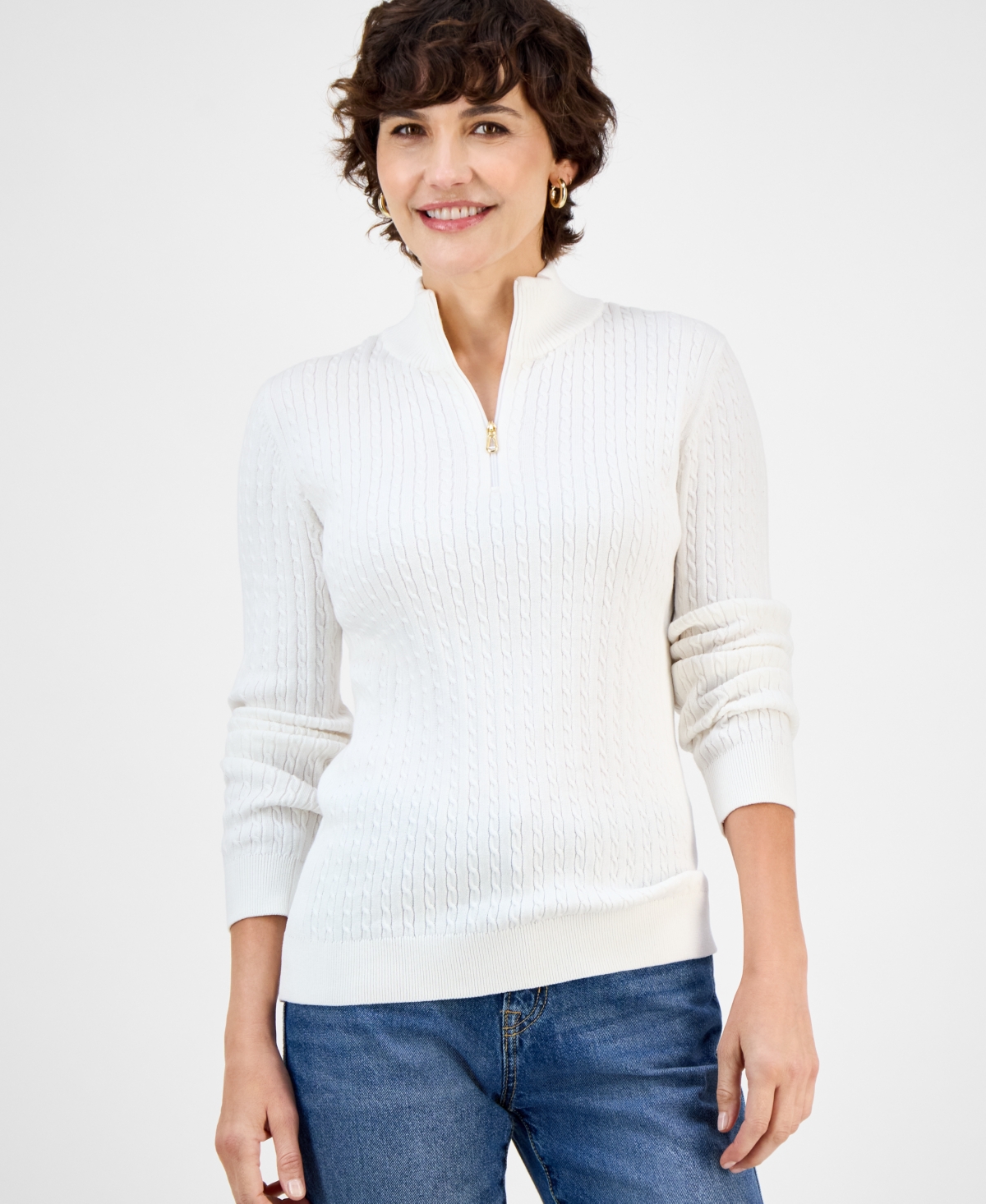 Nautica Women's Cable-knit Half-zip Mock-neck Sweater In Ivory
