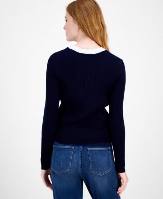 Women's Contrast Trim V-Neck Button-Front Cardigan