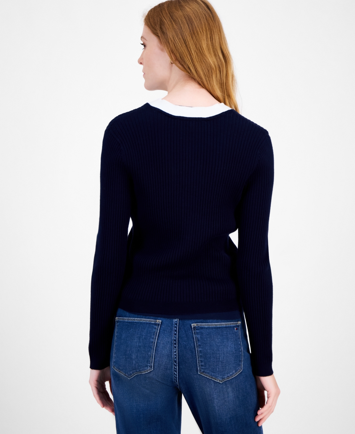 Tommy Hilfiger Women's Contrast Trim V-neck Button-front Cardigan In Blue