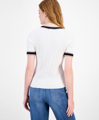 Women's Cotton Short-Sleeve Cable Knit Sweater 