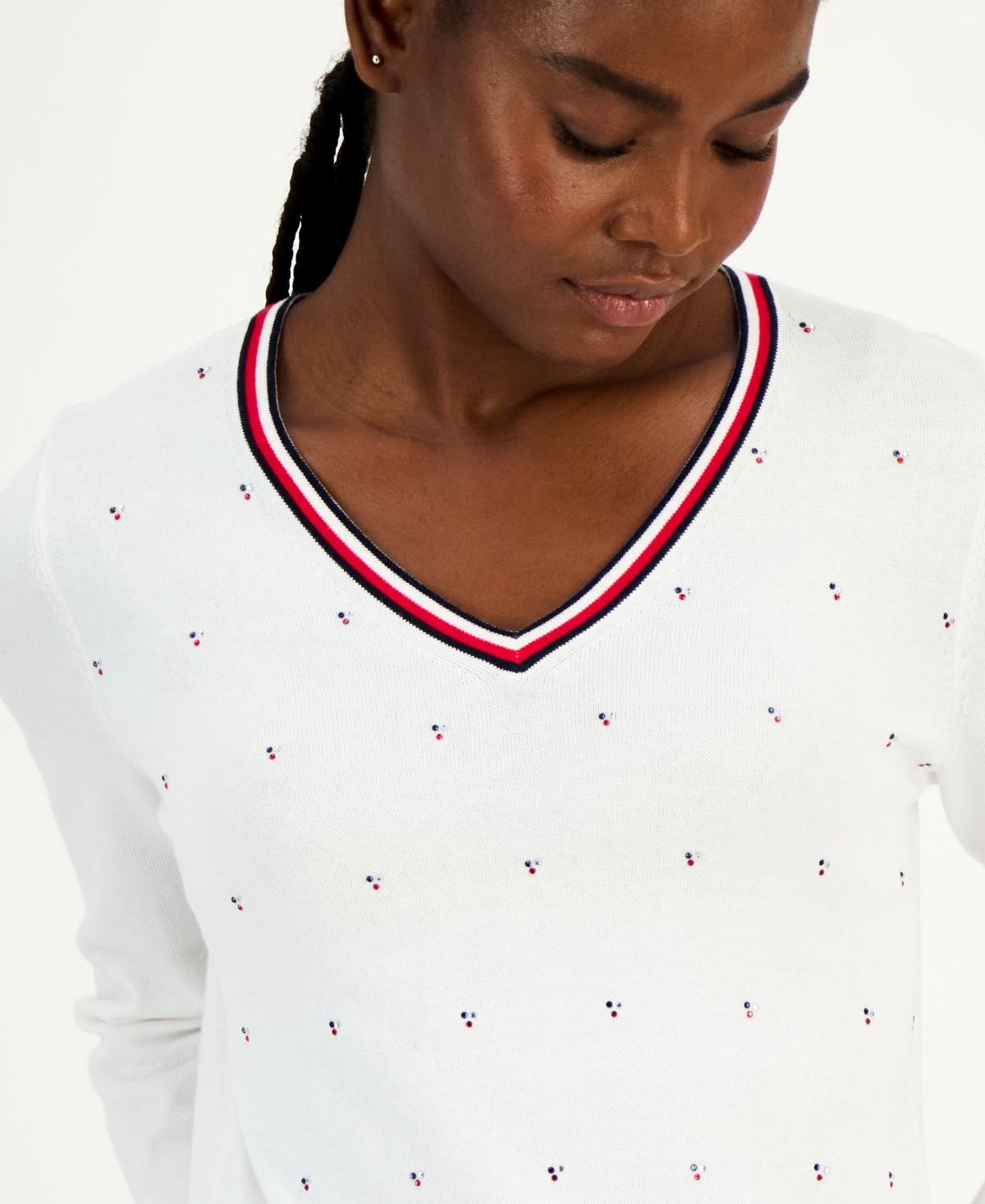Tommy Hilfiger Women's Cotton Hotfix Cluster V-neck Sweater In White