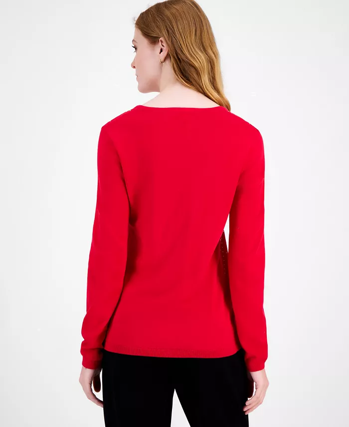 Women's Studded Argyle Cotton V-Neck Sweater - thumbnail 2