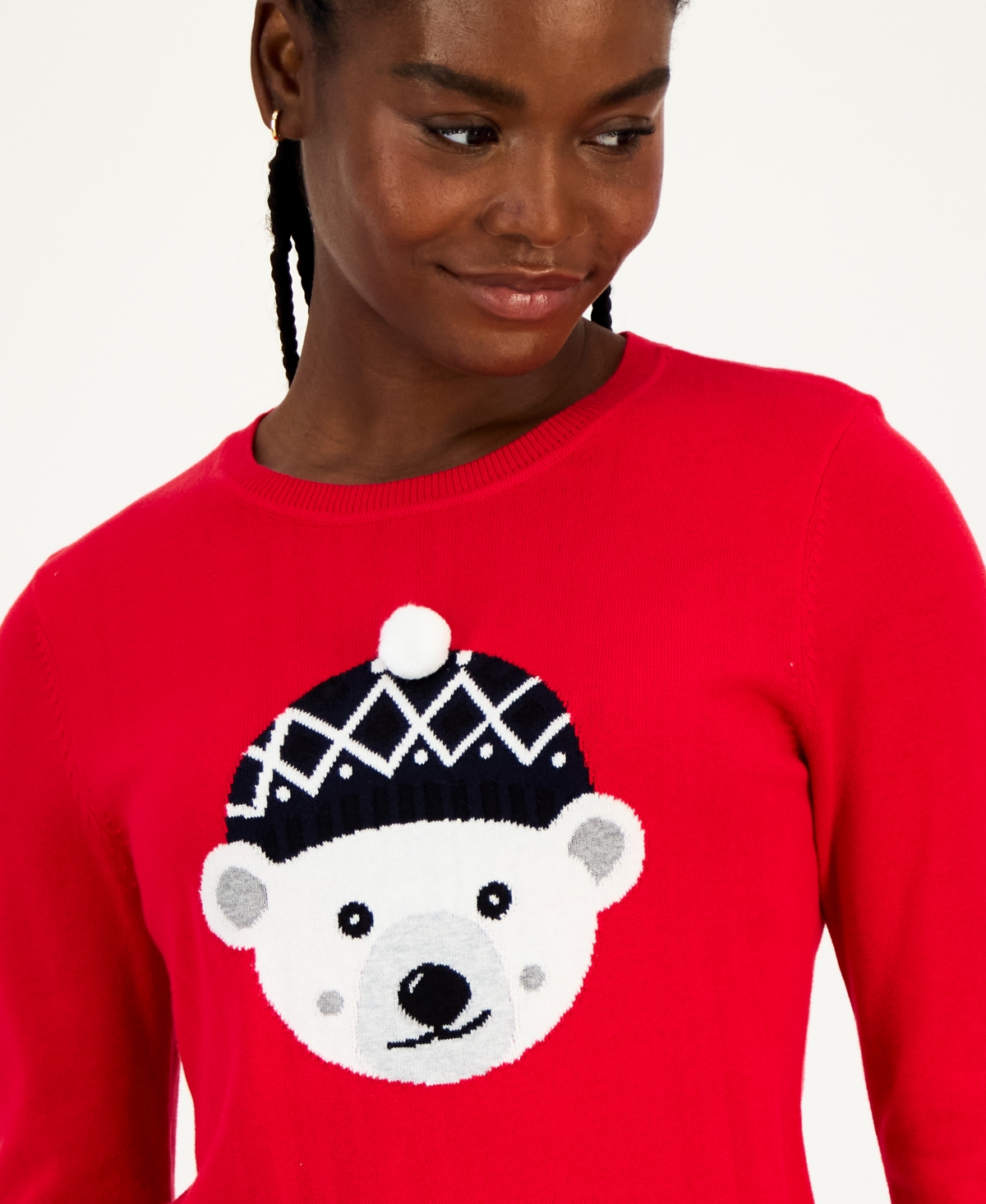 Tommy Hilfiger Women's Cotton Beanie Bear Crewneck Sweater In Red