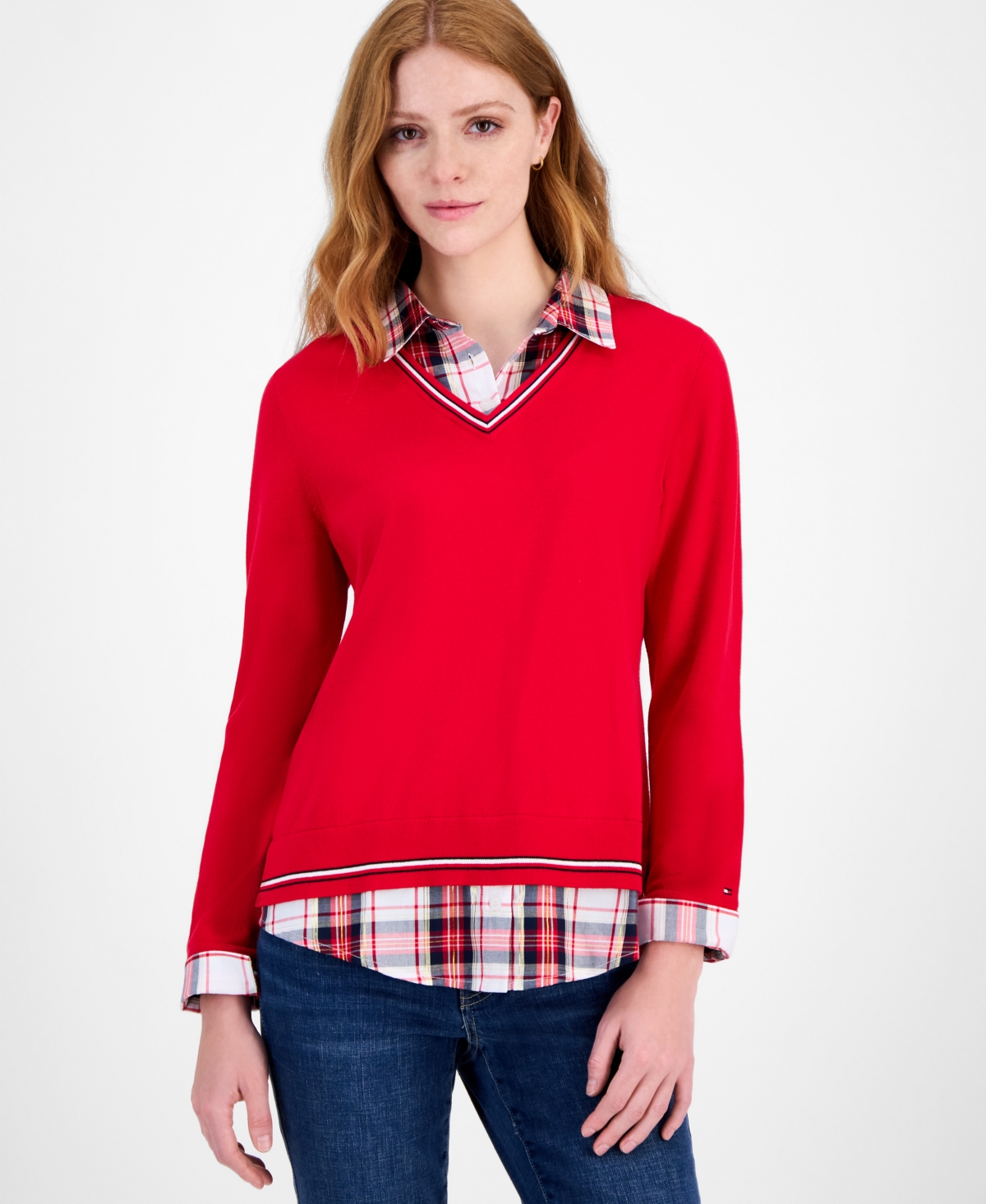 Tommy Hilfiger Women's Cotton Twofer V-neck Long-sleeve Sweater In Red