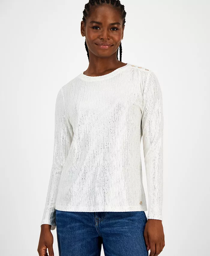 Women's Shine Ribbed Knit Long-Sleeve Top