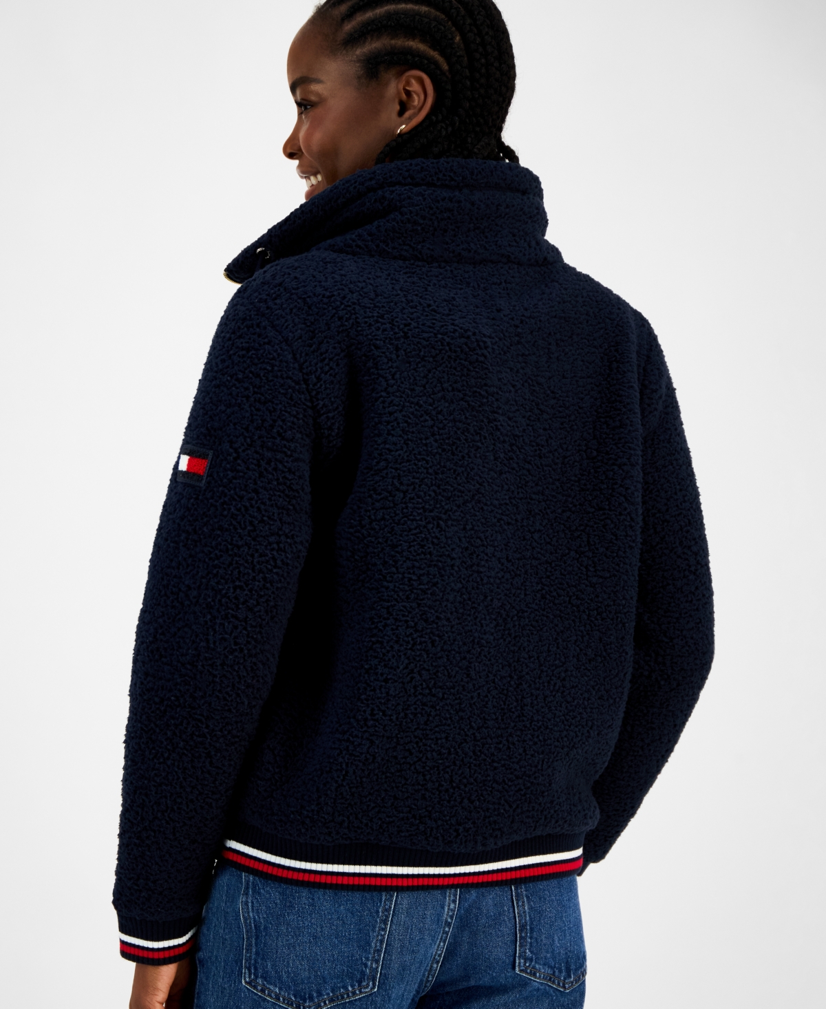 Tommy Hilfiger Women's Faux-sherpa Contrast-rib Bomber Jacket In Blue