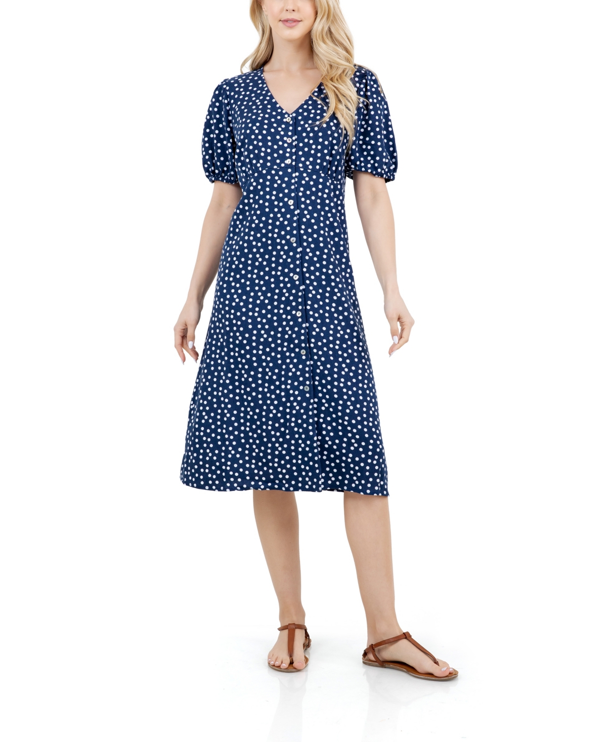 Women's V-Neck Empire Waist Midi Dress - Medieval Blue Dot Dance