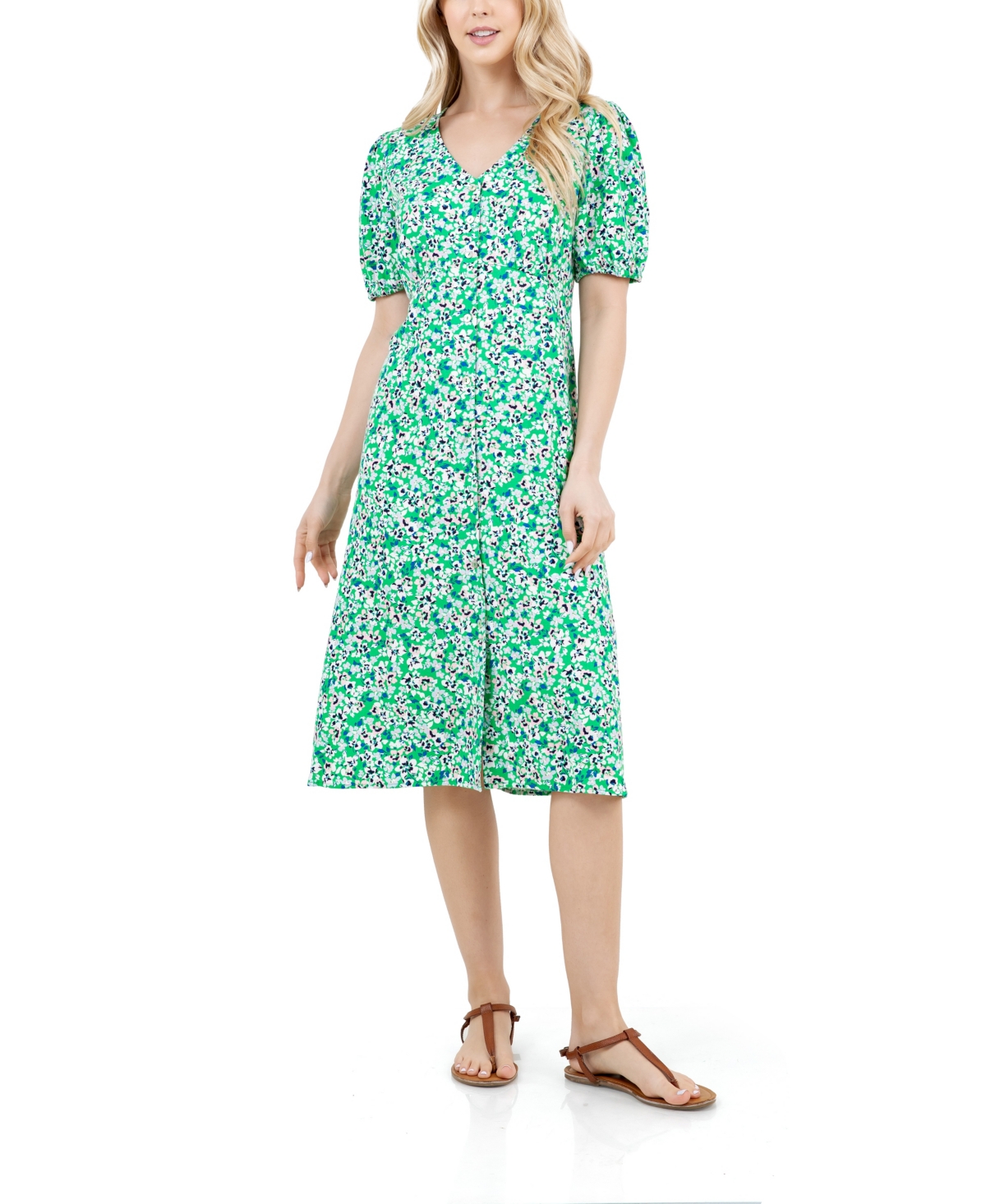 Women's V-Neck Empire Waist Midi Dress - Kelly Green Cozy Posy