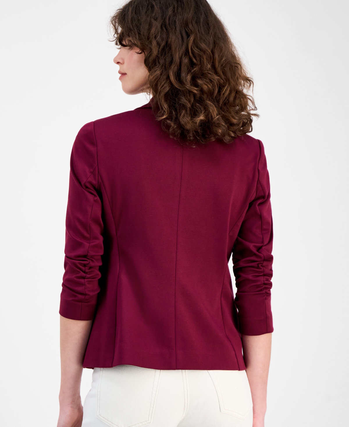 Ak Anne Klein Women's Ruched-sleeve One-button Jacket In Burgundy