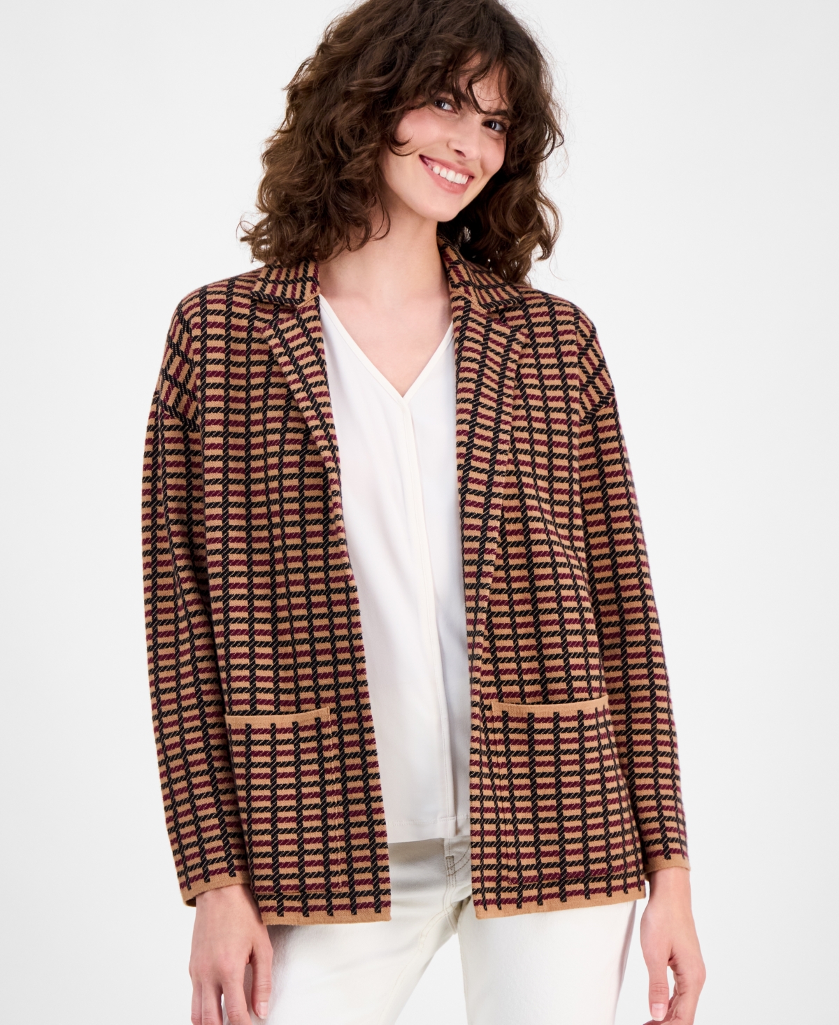 Ak Anne Klein Petite Checked Notched-collar Sweater In Brown