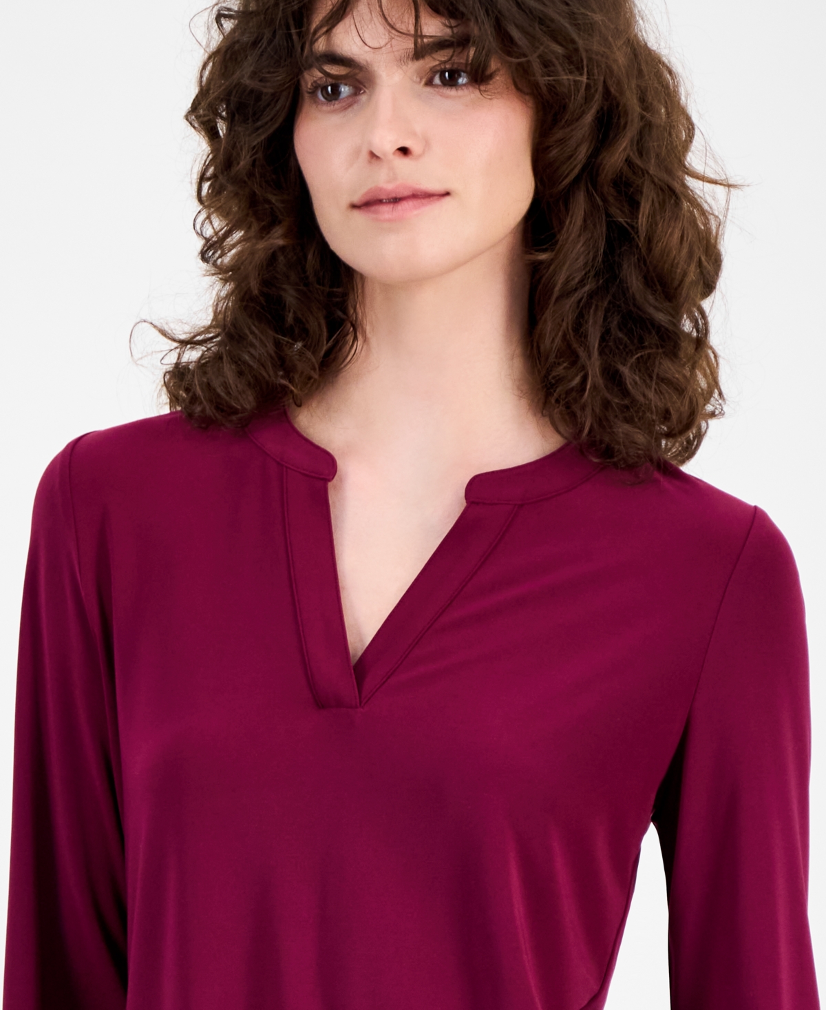 Ak Anne Klein Petite Split-neck Long-sleeve Knit Top In Burgundy