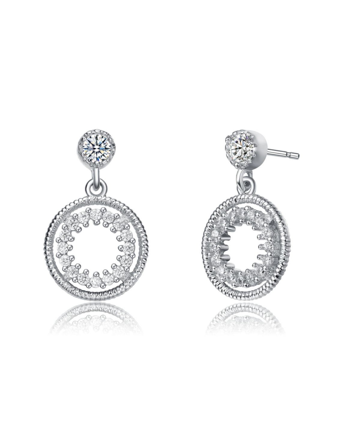 White Gold Plating with Cubic Zirconia Double Halo Drop Dangle Earrings - White