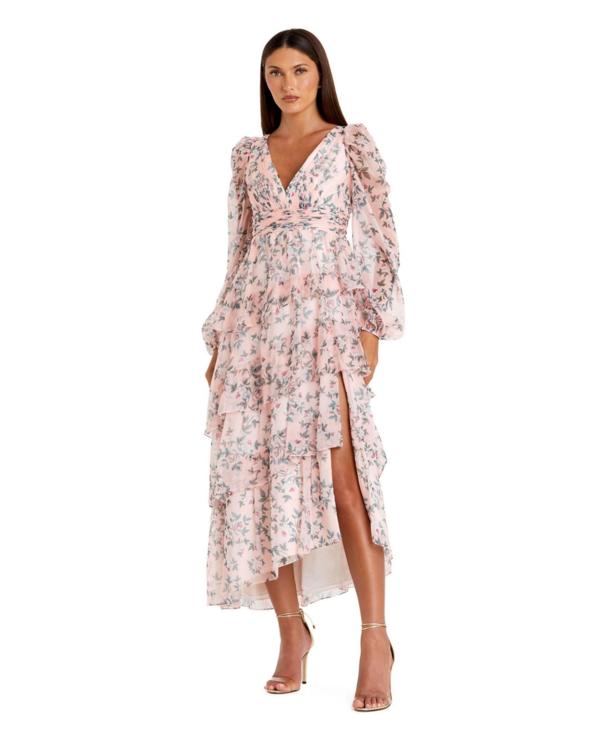 Women's Elegant Puff Sleeve Floral Midi Dress with A-Line Silhouette and Side Pockets - Blush multi