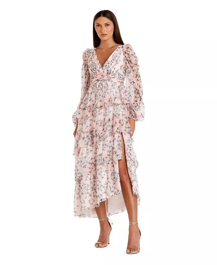 Women's Elegant Puff Sleeve Floral Midi Dress with A-Line Silhouette and Side Pockets