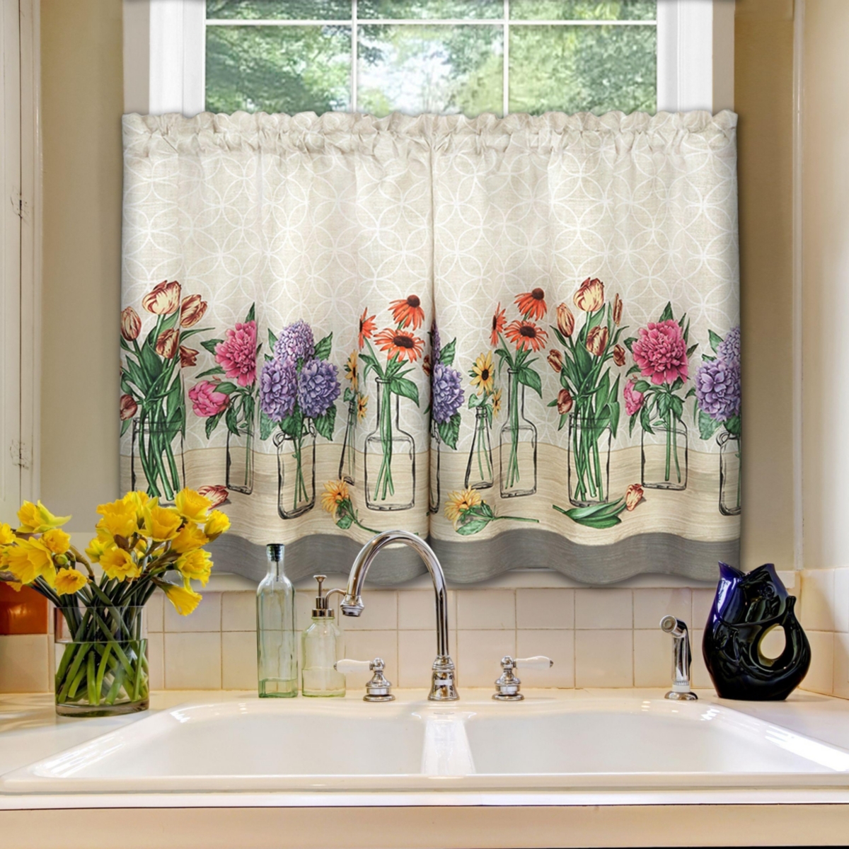 Kate Aurora 3 Piece Gardenia Florals Rod Pocket Kitchen Curtain Tier & Valance Set - 36 in. Long