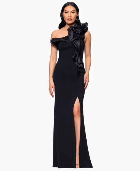 Женское платье Betsy & Adam Scuba Crepe Organza-Ruffle Long, цвет: Чёрный