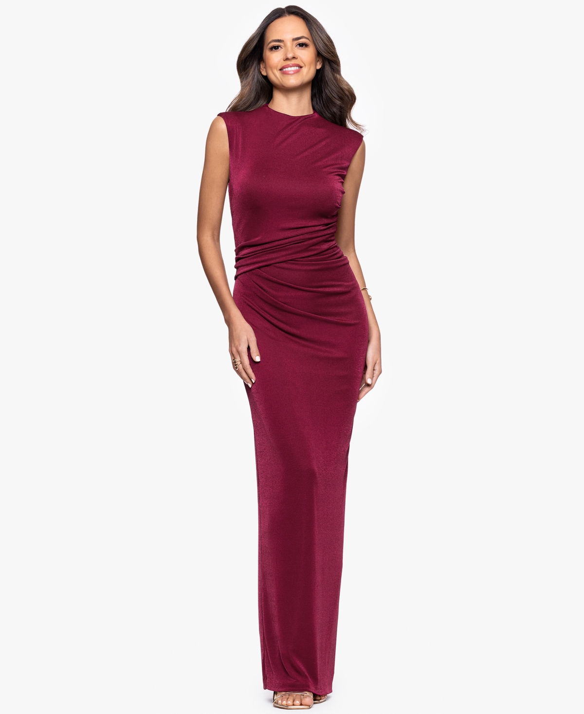 Women's Mock-Neck Ruched Sheer-Inset Long Sheath Dress - Wine