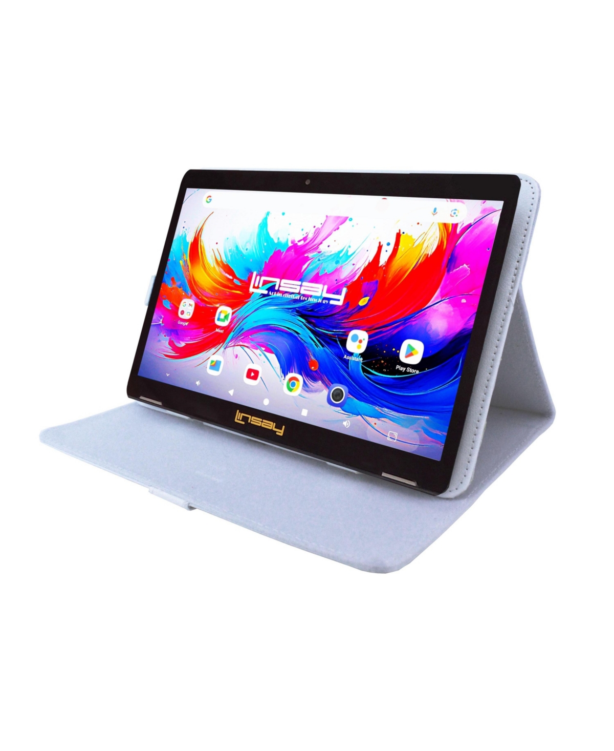 Linsay 10.1" Octa Core 256GB Storage Android 15 Tablet with White Leather Case
