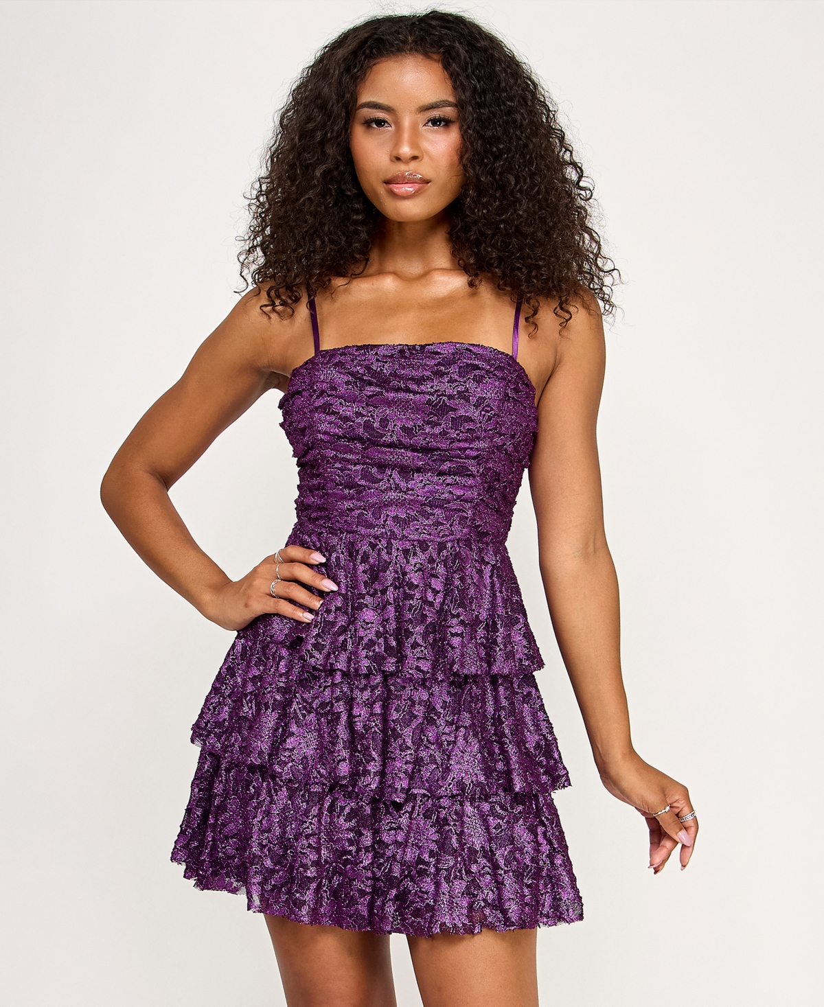 Katia Rae Juniors' Tiered Foil Lace Fit & Flare Dress