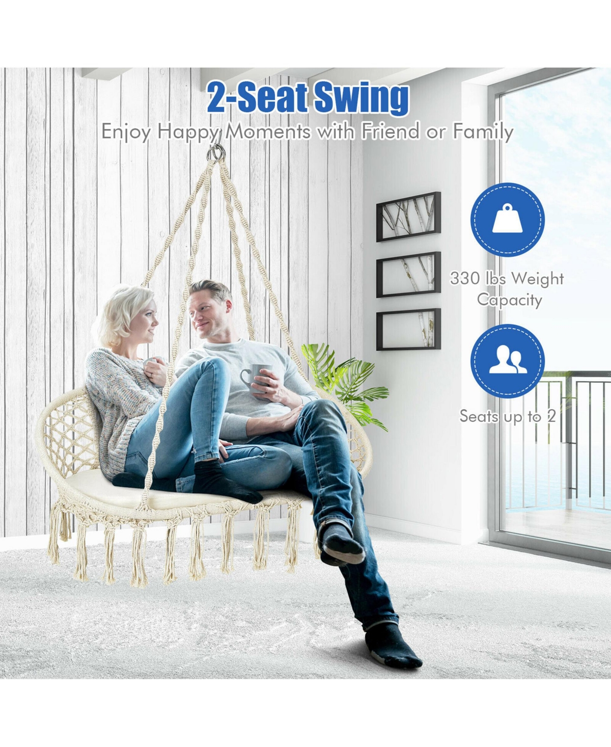 Gymax 2 Person Hanging Hammock Chair with Cushion Macrame Swing 330 lbs Capacity