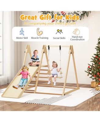 Kids 5-in-1 Indoor Playground w/ Slide Climbing Rock Adjustable Swing Wooden