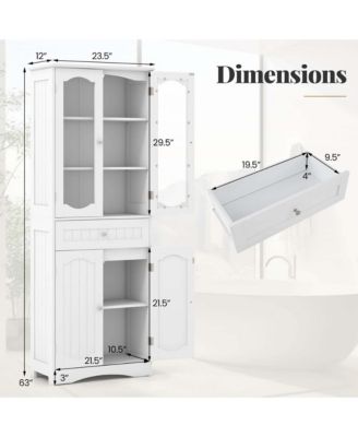 63" MDF Bathroom Cabinet with Tempered Glass Doors, Adjustable Shelves and Large Drawer