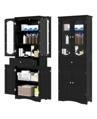 63" MDF Bathroom Cabinet with Tempered Glass Doors, Adjustable Shelves and Large Drawer