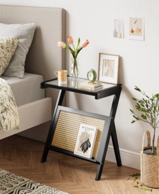 Rattan Side Table Bamboo Accent Bedside Table with Tempered Glass Top Black