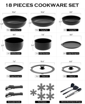 18-Piece Non-Stick Cookware Set with Silicone Tools, Detachable Handles, Space-Saving Design for All Stovetops