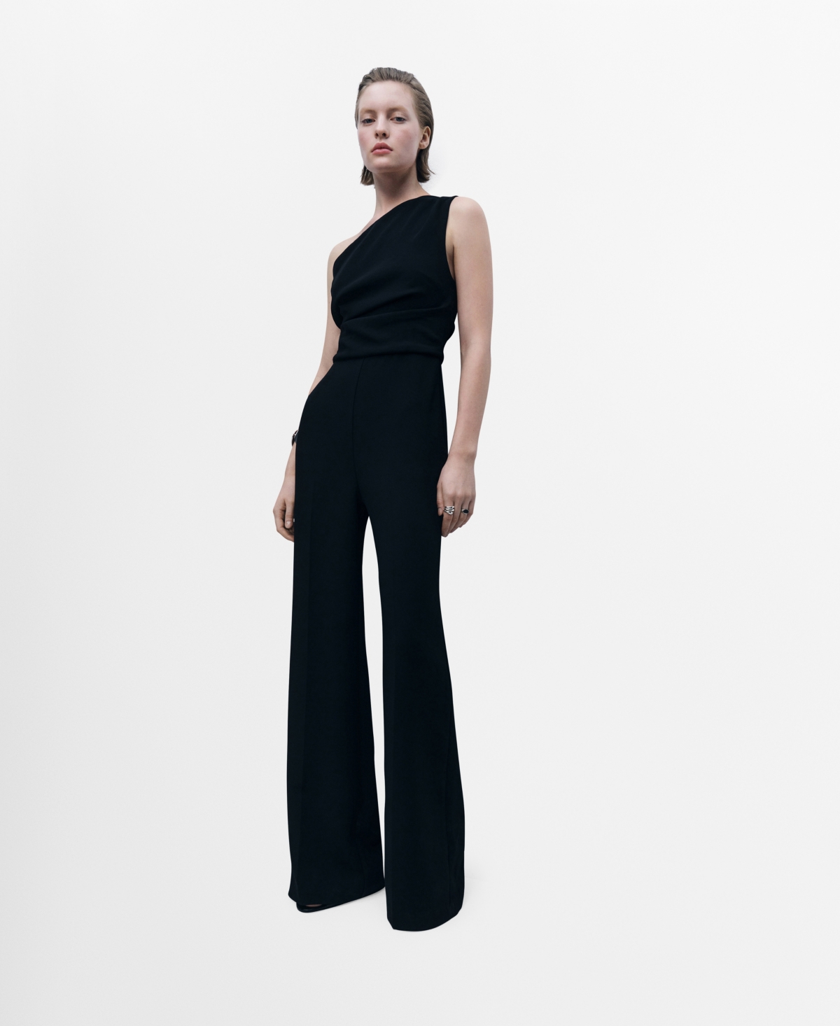 Women's Draped Detail Asymmetrical Jumpsuit - Black