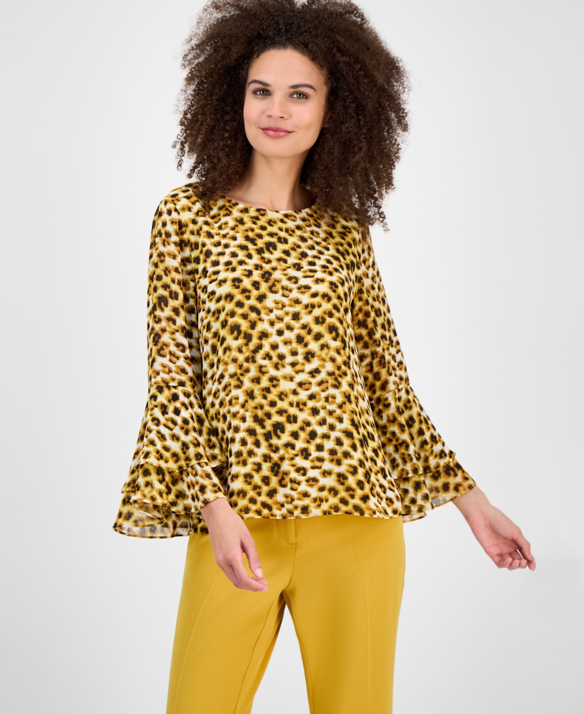 Kasper Women's Printed Ruffle-cuff Bell-sleeve Blouse In Multi