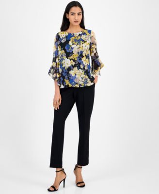 Abstract Floral-Print Bell-Sleeve Blouse, Regular & Petite