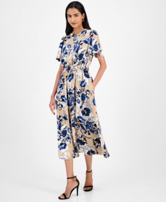 Kasper - Floral-Print Tie-Waist Midi Dress
