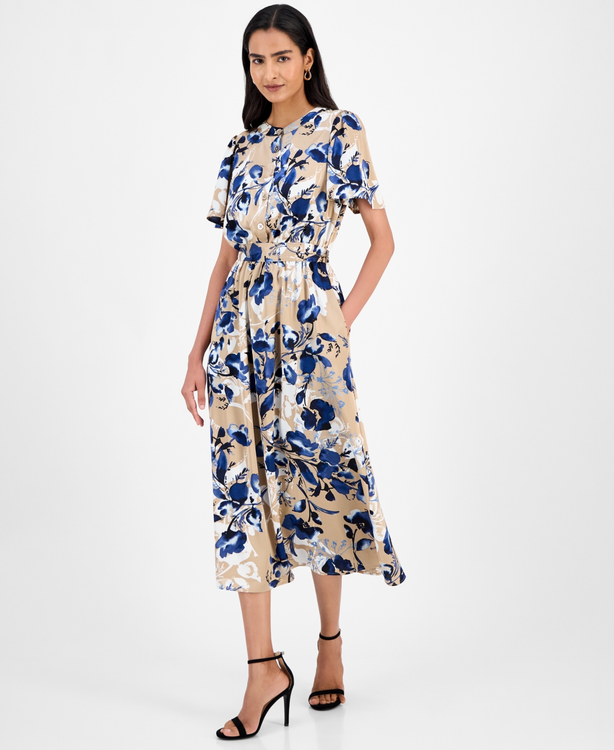 Kasper Floral-print Tie-waist Midi Dress, Regular & Petite In Neutral