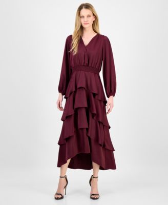 Anne Klein - Women's Satin Surplice-Neck Tiered Midi Dress