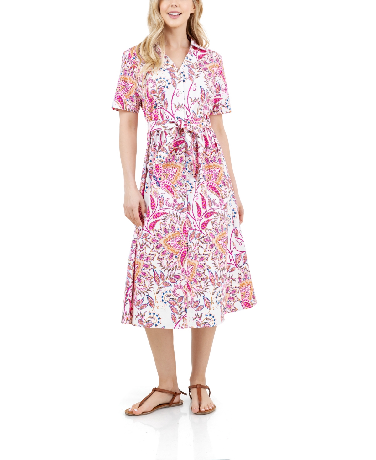 Women's Button Front Tie Waist Midi Dress - Bright White Paisley PRT