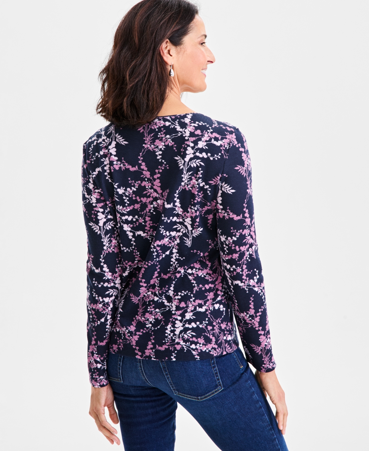 Style & Co Women's Printed Cotton Long-sleeve Scoop-neck Top, Created For Macy's In Blue