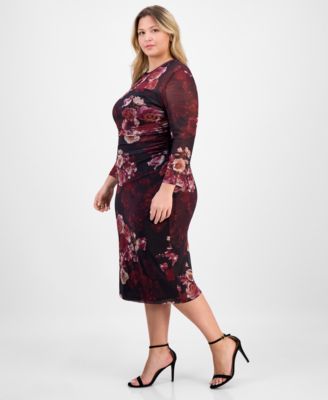 Plus Size Floral Mesh Side-Ruched Midi Dress