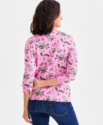 Petite Cotton Floral 3/4-Sleeve Boat-Neck Top, Macy's Exclusive