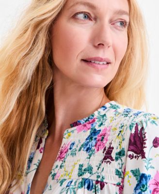 Petite Chintz Floral Smocked Split-Neck Top, Macy's Exclusive