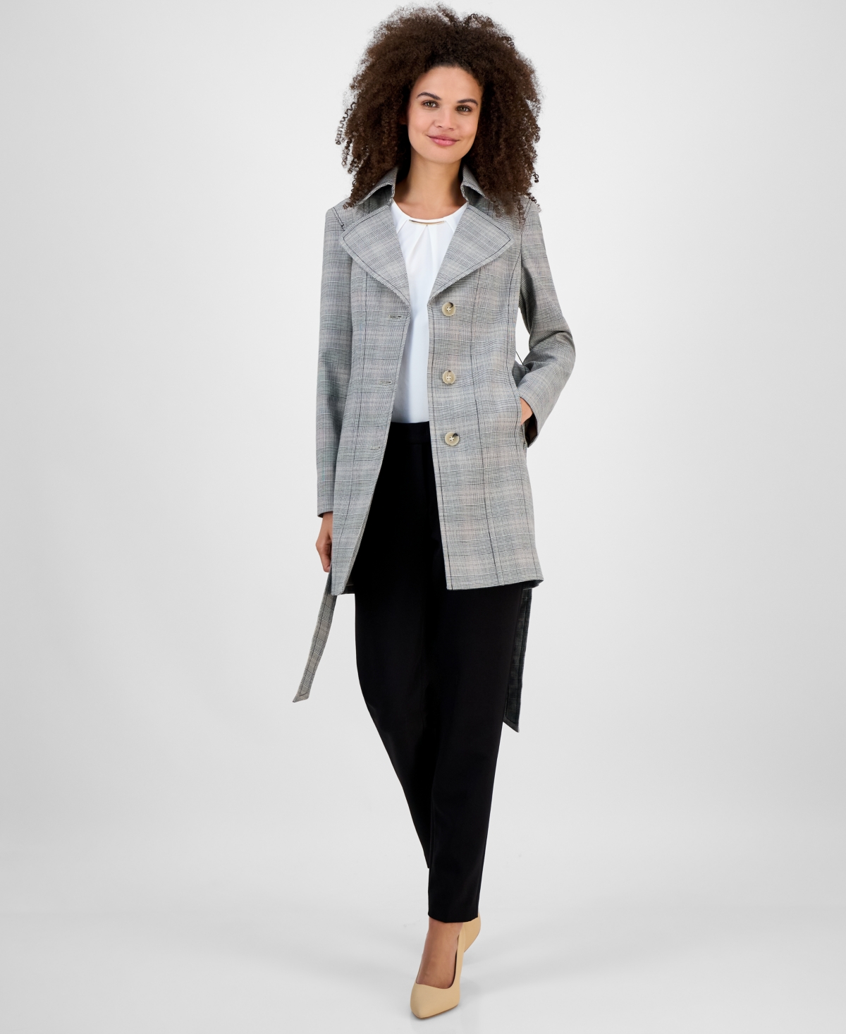 Kasper Plaid Belted Trench Coat, Regular & Petite In Gray