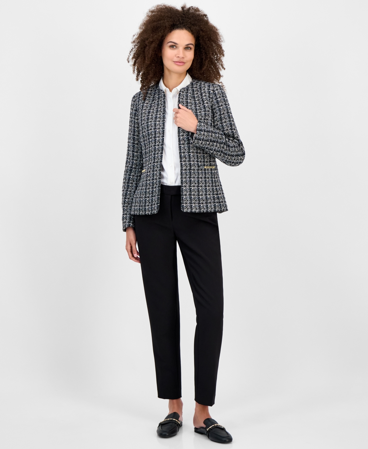 Kasper Tweed Open-front Cardigan, Regular & Petite In Blue