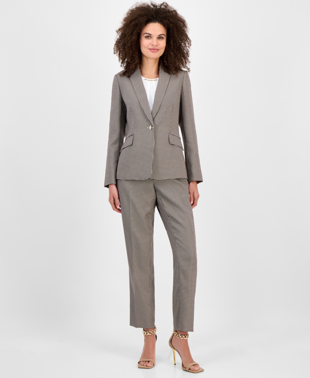 Kasper Houndstooth Single-button-front Jacket, Regular & Petite In Brown